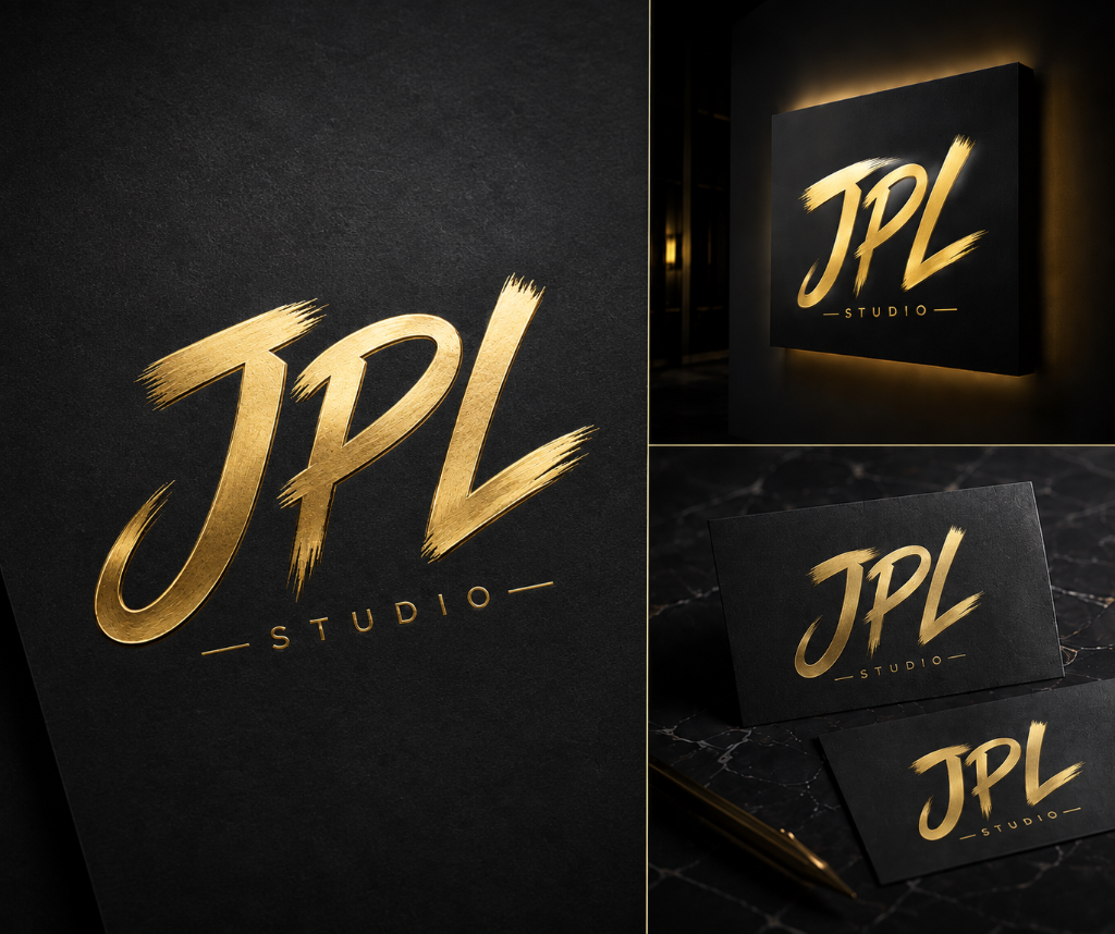 Identité visuelle JPL Studio — carte de visite, papeterie papier texturé et enseigne lumineuse rétroéclairée